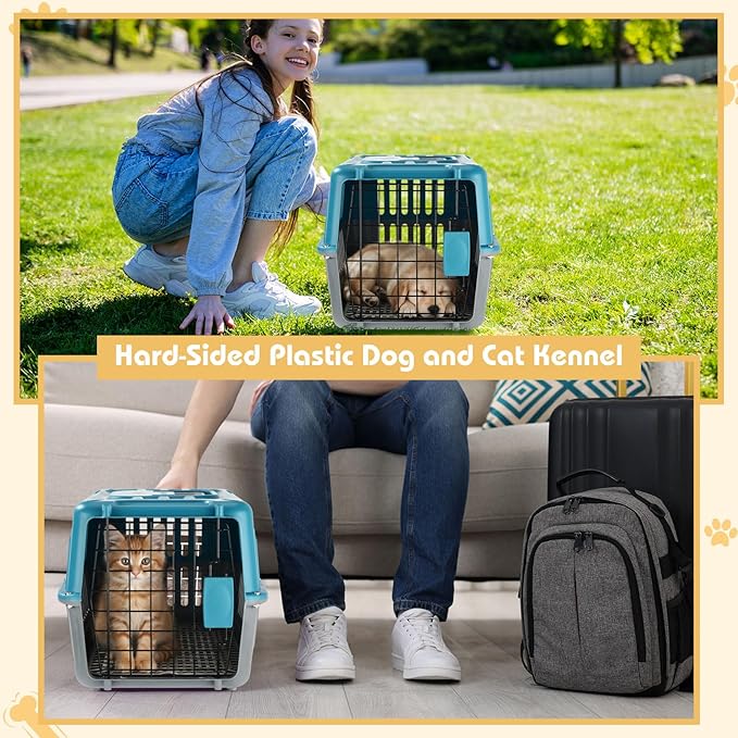 2 Set Travel Pet Carriers for Small Cat Dog Plastic Hard Shell Carrier Cat with Bowl Wire Door Grille Mat Portable Breathable Security Lock Puppy Kennel for Travel Airline, 17.5", up to 13lbs(Blue)