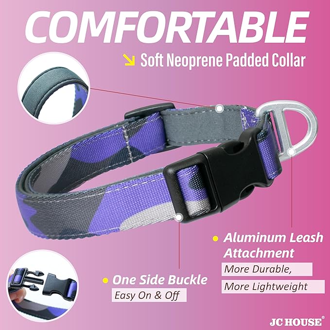 Soft Padded Dog Collar, Neck 12’’-20’’, Adjustable Heavy Duty Collar with 3M Reflective Logo for Medium, Large Dogs, Camo Purple, Medium