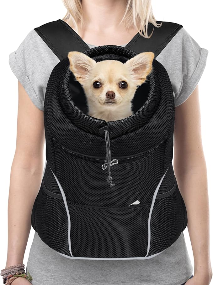 YUDODO Dog Front Carrier Backpack, Adjustable Breathable Pet Carrier for Small Dogs, Ventilated Puppy Back Pack with Safety Belt, Lightweight Doggy Backpack for Hiking Outdoor(Jet Black, L)