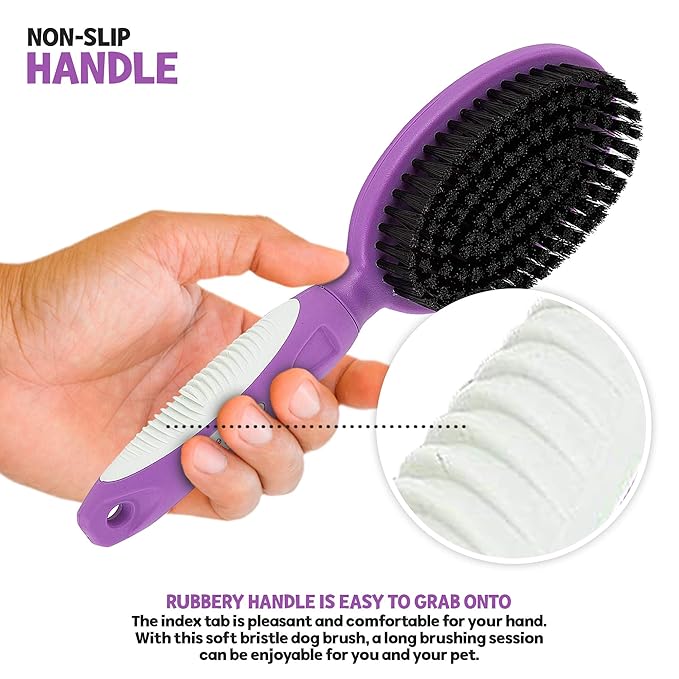 Soft Bristle Dog Brush For Short Haired Cats Or Dogs - Firm Bristles To Remove Dust, Dirt, And Loose Fur - Hook And Rubber Handle