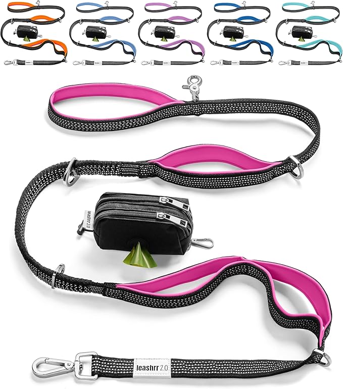 No Pull Dog Leash for Large Dogs – 6ft Highly Reflective Bungee, Heavy Duty Leash for Large Dogs, 4 Padded Handles, Strong Carabiner Clip & Rings, Includes Poop Bag Holder & Treat Pouch (Hot Pink)