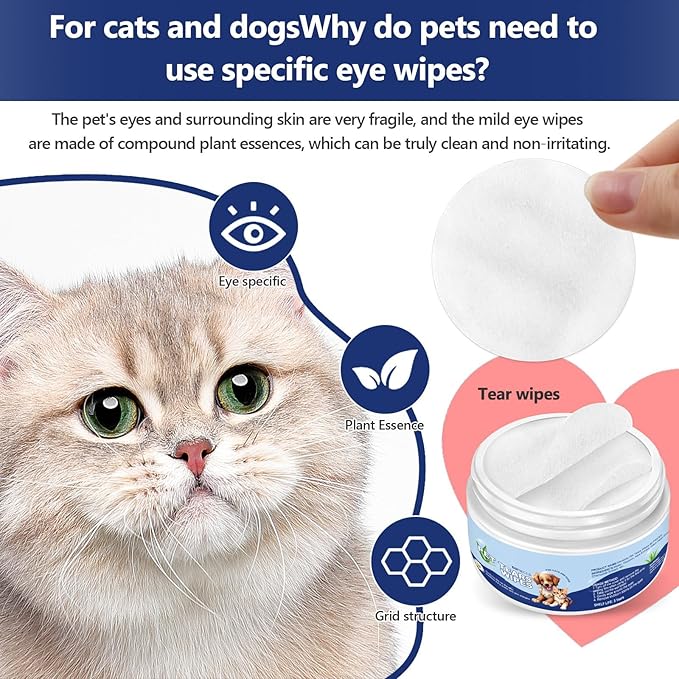 Dog Ear Wipes, Eye Wipes for Cats, Dog Tear Stain Remover Wipes, Pet Eye Wipes for Discharge and Crust (60pcs)