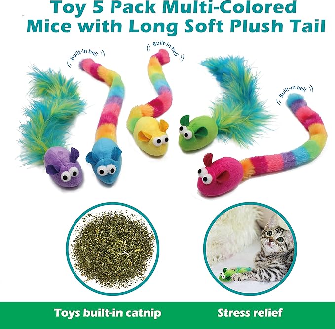 Jumpaws 5 Pack Interactive Catnip and Feather Cat Toys, Multi-Colored Mice with Long Feather Tail, Accessories for Indoor Cat, Catnip Plush Toys with Natural Feathers and Rattles