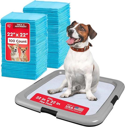 IRIS USA Pee Pad Holder for Puppy Training, Secured Latches, Non-Skid Feet, Fits 22"x22" Pads, Dark Gray + 100 Puppy Pads, Leak Proof, Quick Dry, 6-Layer Absorbent Design, 22"x22"