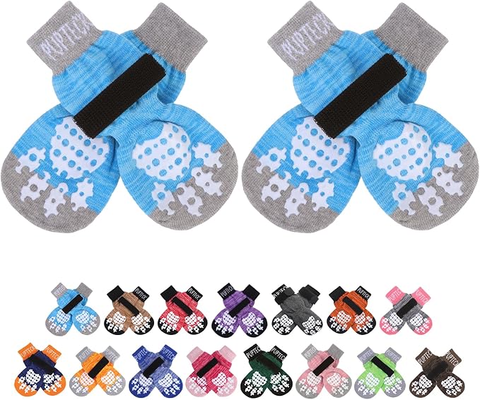 PUPTECK Anti-Slip Dog Socks with Double Sides Grips for Small Medium Large Dogs Hardwood Floors Prevents Licking, Dog Shoes for Hot Pavement Traction Control Paw Protector for Senior Dogs, Blue S