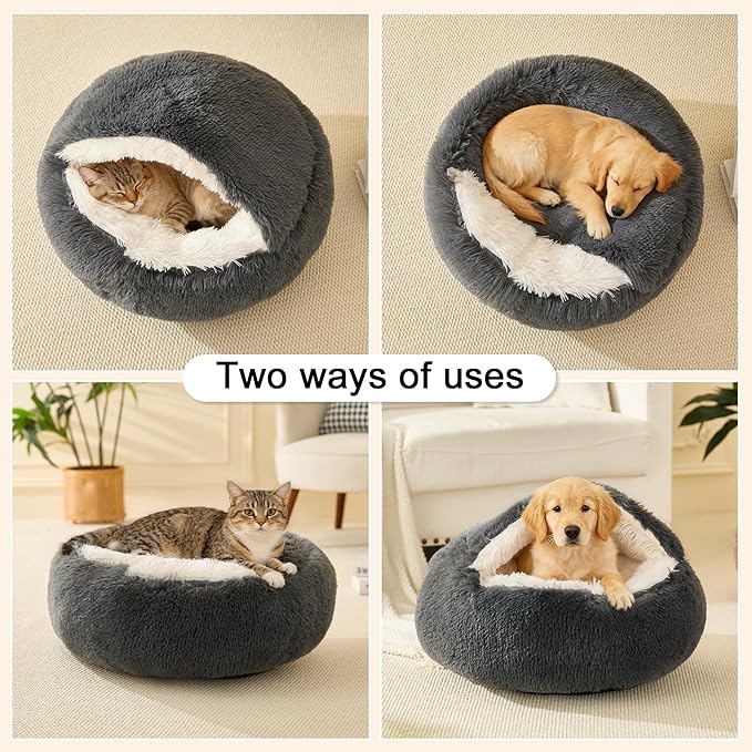 Calming Dog Beds & Cat Cave Bed with Hooded Cover,Removable Washable Round Beds for Small Medium Pets,Anti-Slip Faux Fur Fluffy Coved Bed for Improved Sleep,Fits up to 15/25 lbs(Dark Grey,20"x20")