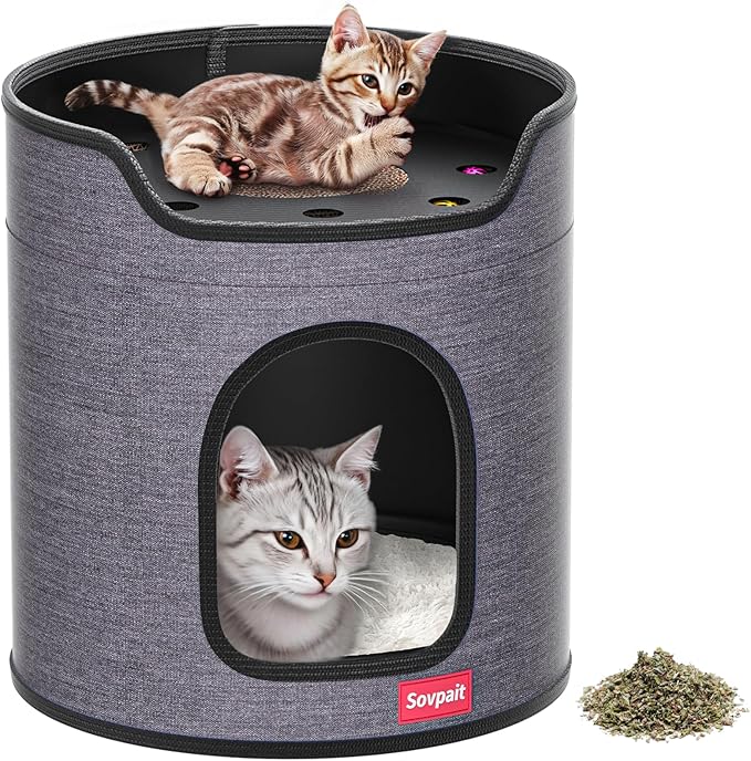Cat House for Indoor Cats,Large Luxury Double Cat Beds with Cat Scratcher Pad Toys w/Catnip,Soft Washable Cushion Cat House Shelter D15xH15 in Grey (Classy Gray, Cardboard Cat Scratcher)
