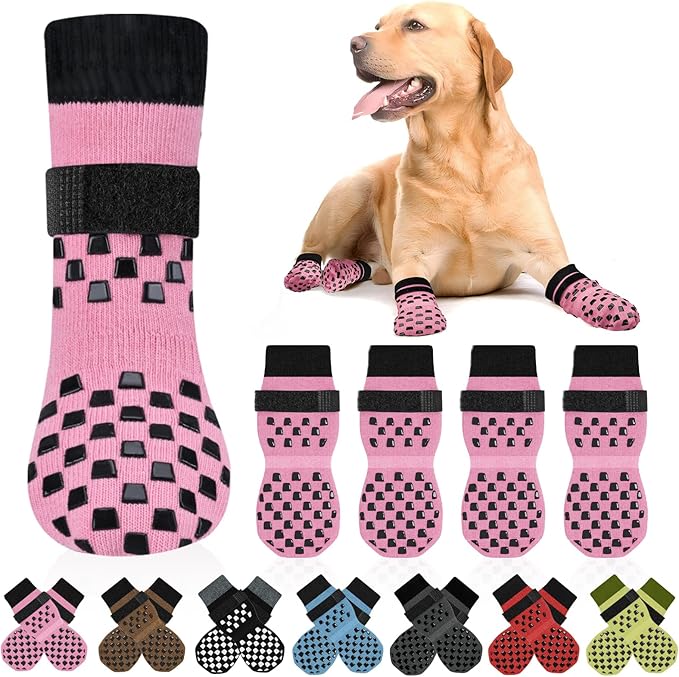 Non Slip Dog Socks to Prevent Licking Paws Grippy Socks for Senior Dog on Hardwood Floors Anti Slip Dog Socks for Hot Pavement Double Side Paw Protector Prevent Scratching Pink XXL