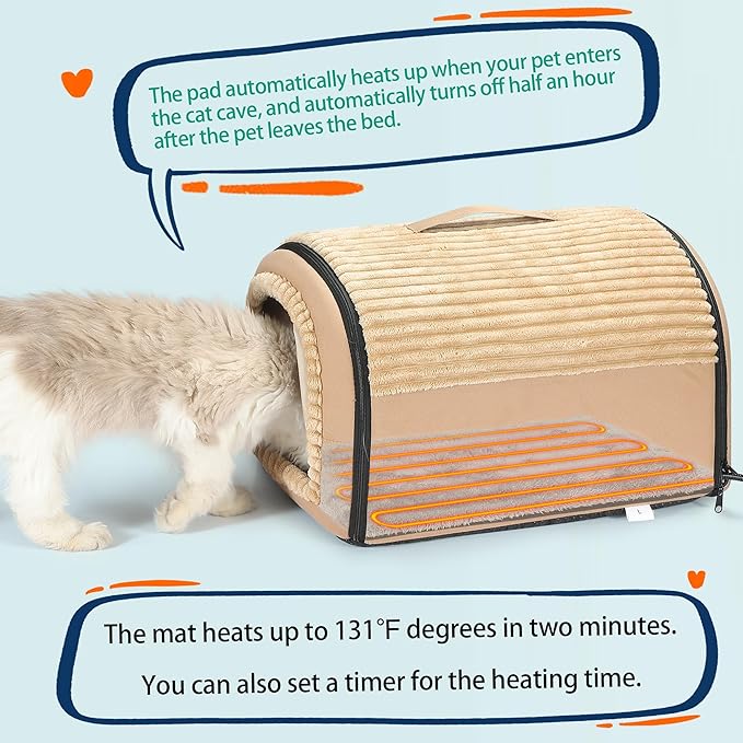 Smart Heated Cat Bed Cave Pet House for Indoor Cats & Small Dogs, Washable & Foldable with Removable Cushion, 17.72x14.96x12.6 inches, Brown
