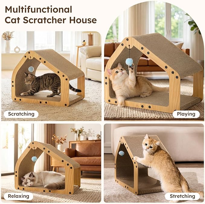 20'' Cardboard Cat Scratcher House - Large Cat Scratching Board with Balls, Cat Lounger as Tunnel for Indoor Cats and Kittens, Safe & Secure, Brown
