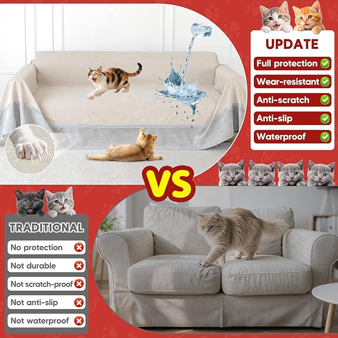 Living Room High Stretch Sofa Cover Pets Dogs Friendly, Cat Scratch Furniture Protector - Anti-Slip, Waterproof Sofa Cover to Keep Cats Off, Anti-Scratch Couch Cover for Pets and Kids 150"X91"Khaki