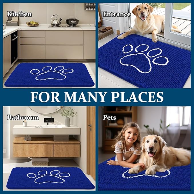 OLANLY Dog Door Mat for Muddy Paws 30x20, Paw Print Design, Absorbs Moisture and Dirt, Non-Slip Washable Doormat, Quick Dry Chenille Mud Mat for Dogs, Entry Indoor Entryway Carpet, Royal Blue
