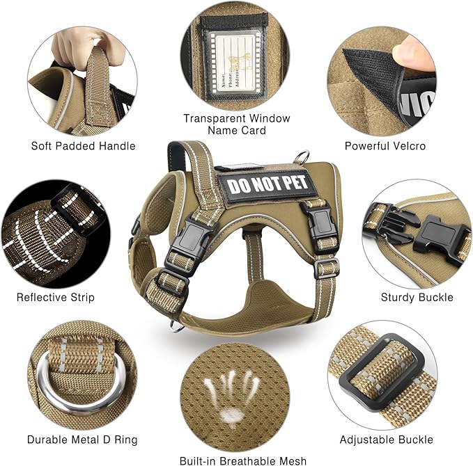 Tactical Dog Harness and Leash Set Small Sized Dog,Heavy Duty No Pull Service Dog Vest and 10 Patches with Dog Seat Belt,Reflective Adjustable Pet Harness for Training Walking Hiking Brown S