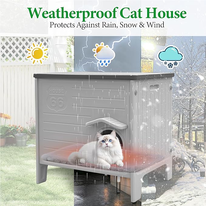 Deblue Cat House Outdoor with Cat Mat Large Weatherpoof Plastic Cats Houses with Escape Door Indoor Waterproof Feral/Pet Cat Shelter Outside for Multiple Cats (Grey)