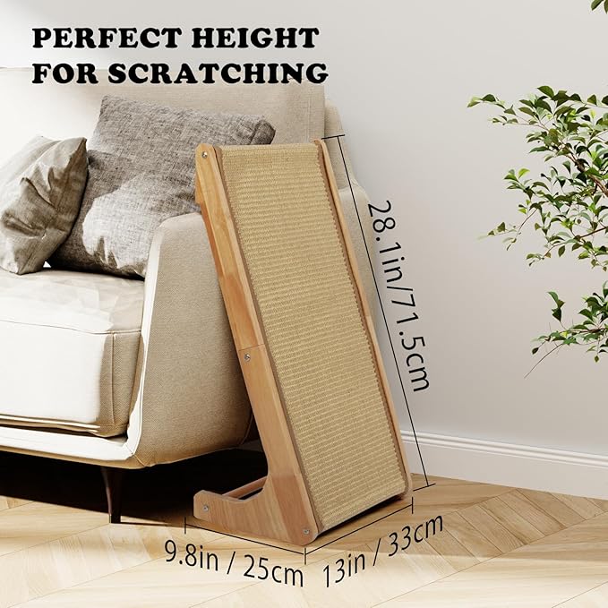 L Shaped Sisal Cat Scratcher - 28 Inch Cat Scratch Ramp for Indoor Cat use,Vertical Cat Scratching Post,Wooden Climbing Kitten/Cats Furniture(Large)