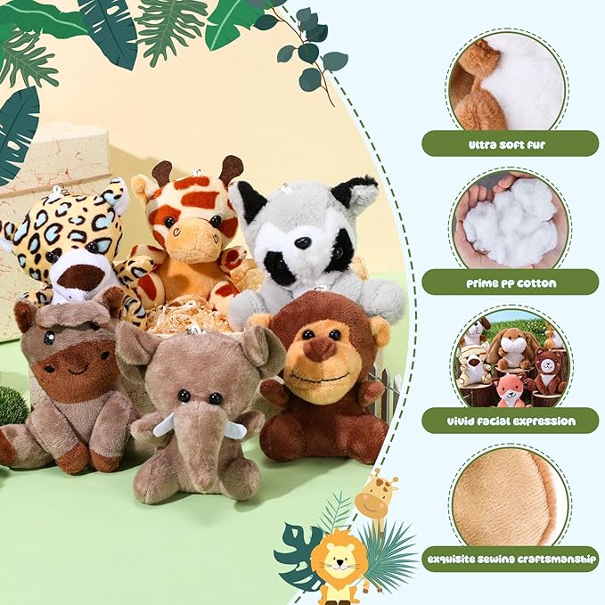 Skylety 12 Pcs Mini Safari Stuff Animal 3.9 Inch Cute Jungle Stuffed Animal Lion Rabbit Owl Hedgehog Monkey Tiger Zebra Elephant Leopard Hippopotamus Rhinoceros for Teacher Student Valentine Favors