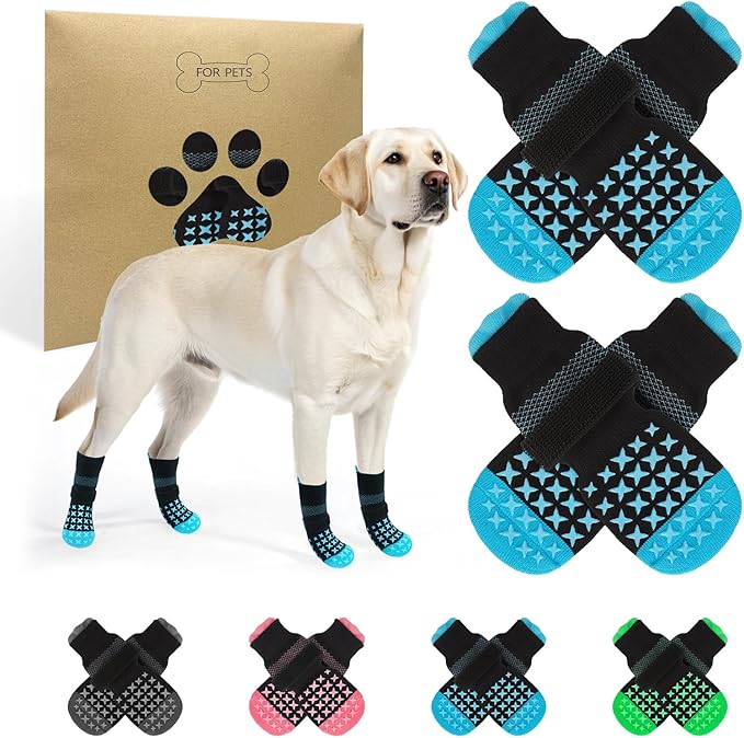 SCENEREAL Anti Slip Dog Socks to Prevent Licking Paws, Dog Booties & Paw Protectors for Hot Pavement Hardwood Floors, Traction Control for Small Medium Large Senior Dogs, Blue L