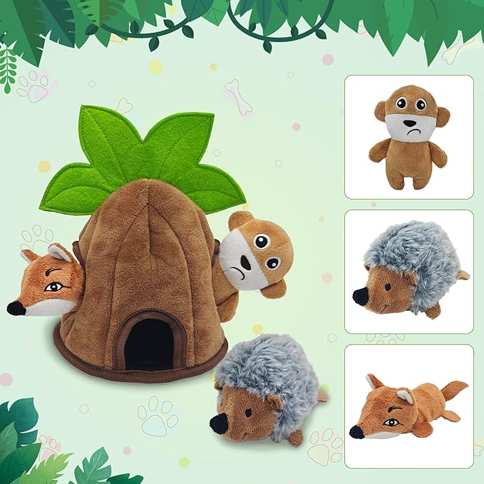 Qiiiiian 4 Packs Crinkle Squeaky Hide and Seek Puppy Toys to Keep Them Busy, Durable Cute Pet Toys for Small Medium Dogs, Interactive Plush Stuffed Chew Toy, Not for Aggressive Chewers - Coconut Tree