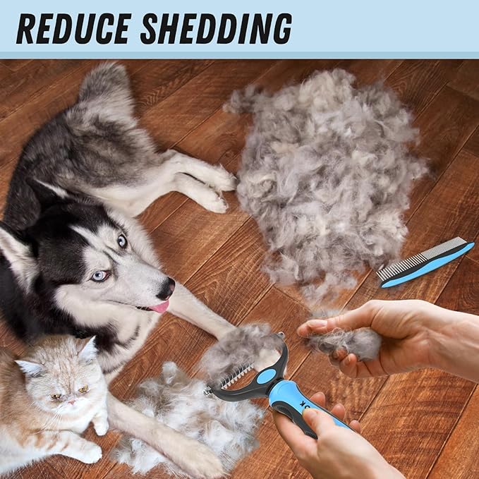 Pet Grooming Combo - Blue Deshedding Brush with Metal Comb for Detangling and Dematting Long, Matted Fur on Cats and Dogs