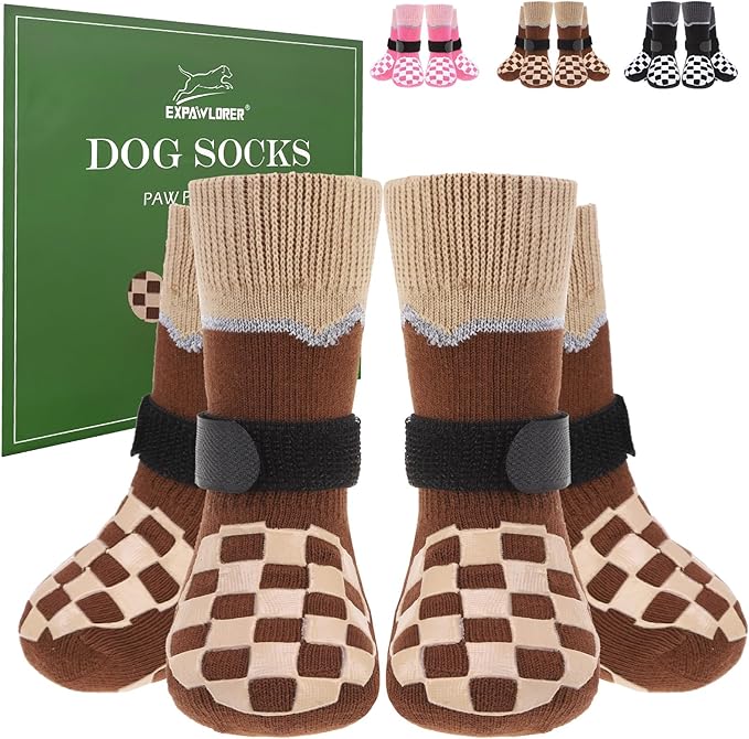 EXPAWLORER Dog Socks to Prevent Licking Paws with Grippers for Hardwood Floors Anti Slip, Reflective Dog Cold Winter Shoes Booties Boots & Paw Protectors with for Small Medium Large Senior Dogs M