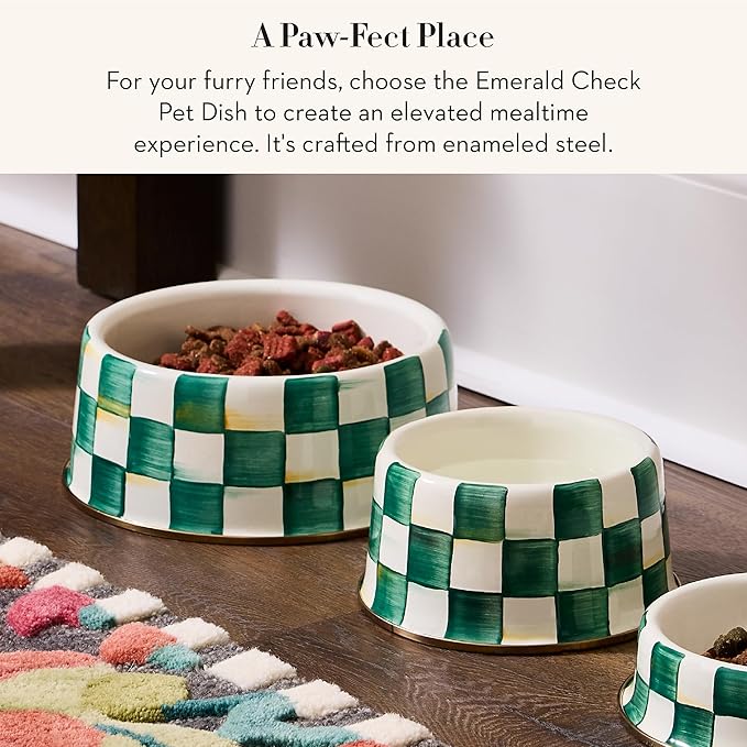 MACKENZIE-CHILDS Enamel Pet Bowl, Cute Cat and Dog Bowl for Food and Water, Large, Green-and-White Emerald Check