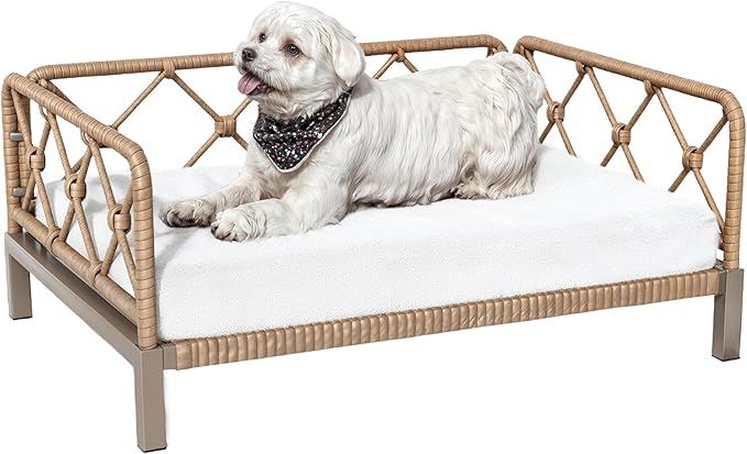 Dog Bed with Cushion, Cooling Elevated Raised Beds with Rattan Breathable Mesh and Universal Mat, Indoor & Outdoor Pet Cots for Small Dog, Sand