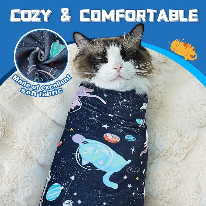 Supet Cat Grooming Wrap for Cutting Nails, 2025 Self-Adherent Cat Wrap, Anti-Escape Calming Cat Swaddle Wrap for Medicine, Nail Clipping, Teeth Brushing, Ear Cleaning (Space, XL)