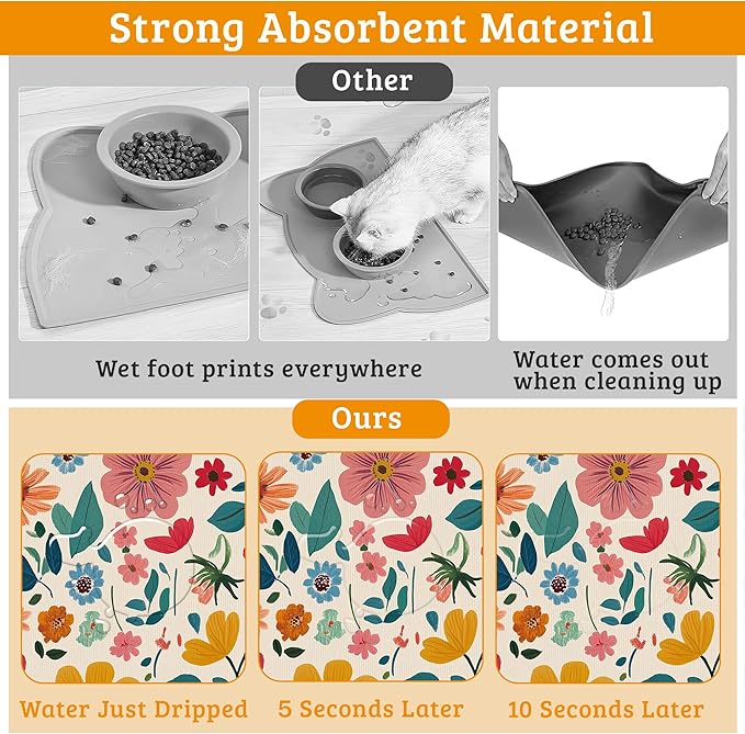 Colorful Flower Feeding Mat,Groovy Wildflowers Absorbent Quick-Dry Cat Dog Food and Water Bowl Mats,Non-Slip Rubber Backing Mat,Cat Dog Accessories Supplies 16" x 24"