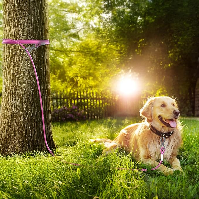 Tresbro 50FT Reflective Tie Out Cable for Dogs Up to 250 Pounds, Steel Wire Lead Leash Cable with Stainless Rotatable Buckle, Lightweight and Enduring, Dog Chains Outside for Outdoor, Yard, Pink