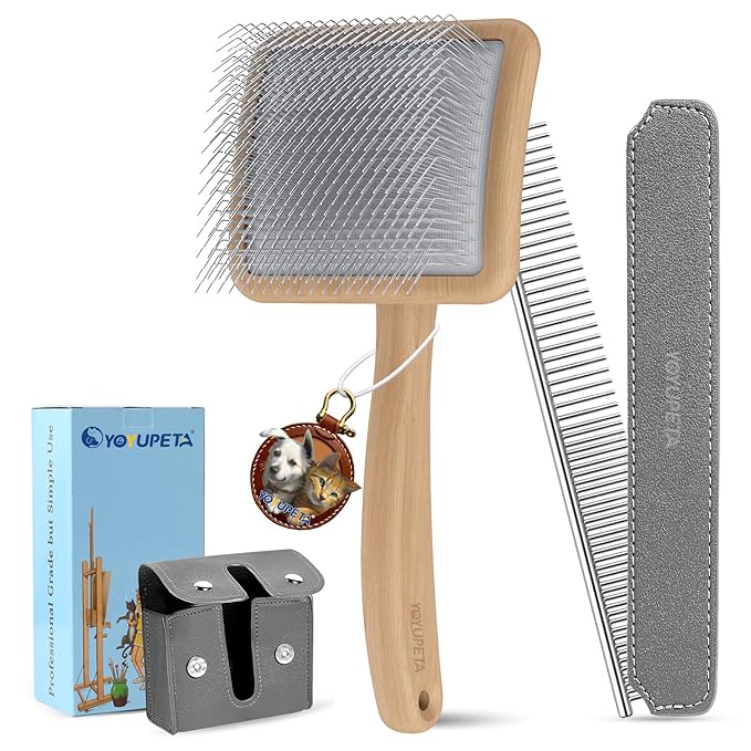 Large Long Pin Slicker Brush & Comb for Poodles, Goldendoodles & Cockapoos, Long Hair Dogs & Cats, Detangler Brush for Shedding & Matted Fur, Ergonomic Wooden Handle, Leather Sleeves. Natural