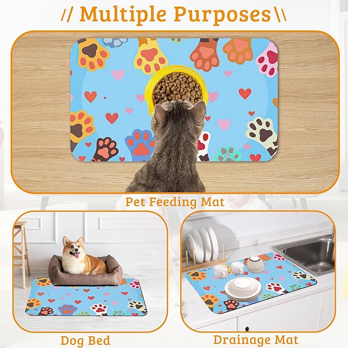 Pet Feeding Mat,Dog Paws Absorbent Dog Cat Food Mat Cute Cat Dog Mat with Rubber Backing,Non-Slip Water Bowl Placemat,Pet Supplies 12" x 20"