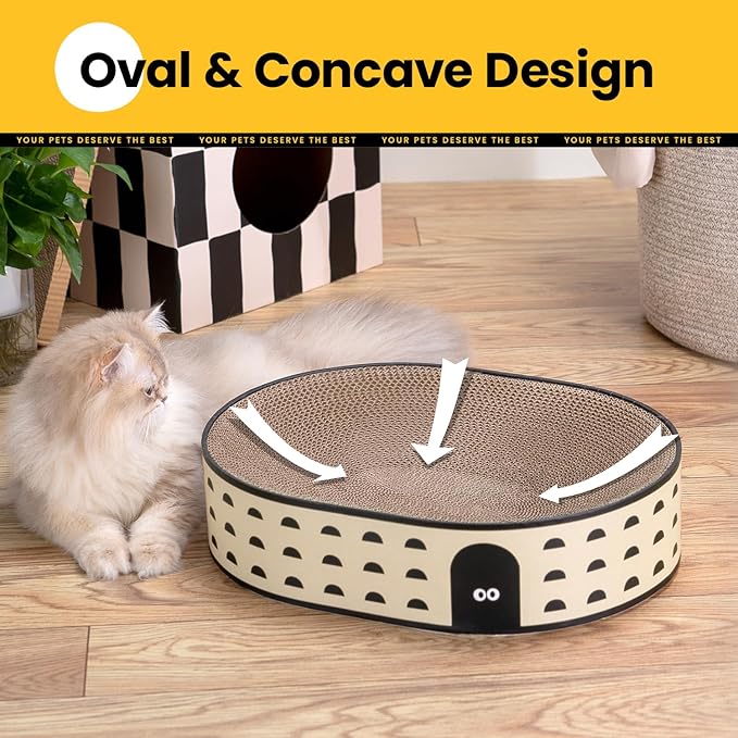 Oval Cat Scratcher Bed, 2-in-1 Cat Scratching Board, Natural Corrugated Cardboard Scratch Pad Lounge, Sealed Base Traps Debris,No Assembly Kitty Furniture,Stylish Colors Blends Any Home Decor