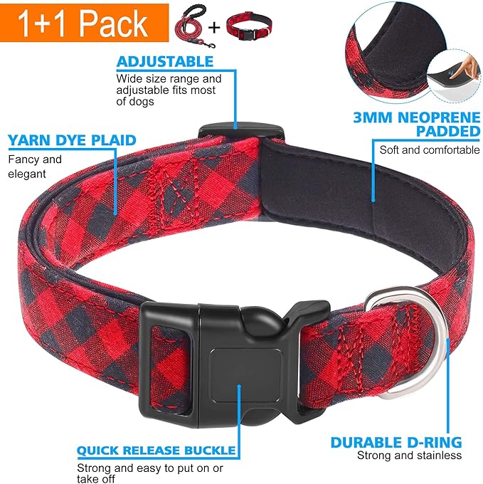 Reflective Dog Collar Padded with Soft Neoprene Breathable Adjustable Nylon Dog Collars for Small Medium Large Dogs (Medium (Pack of 1), Red Plaid Collar+Leash)