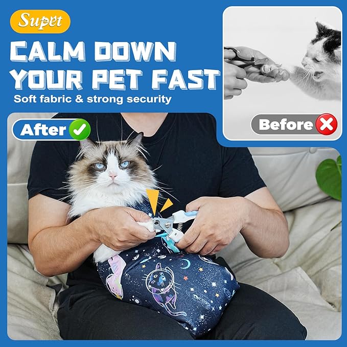 Supet Cat Grooming Wrap for Cutting Nails, 2025 Self-Adherent Cat Wrap, Anti-Escape Calming Cat Swaddle Wrap for Medicine, Nail Clipping, Teeth Brushing, Ear Cleaning (Space, XL)