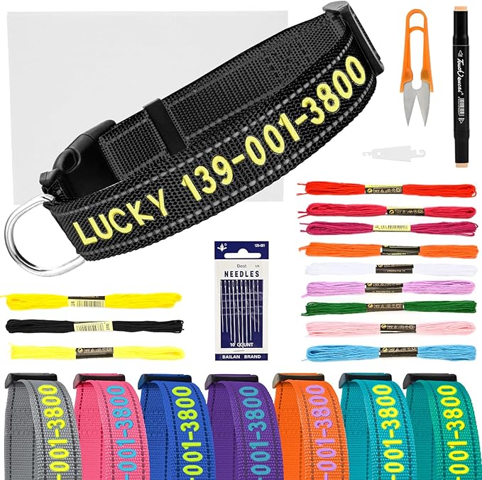 DIY Personalized Embroidered Dog Collar - Custom Hand-Stitched Name & Number, Reflective Adjustable Pet Collar for Small/Medium/Large Dogs & Cats, Durable Nylon with Steel D-Ring (Black, Medium)