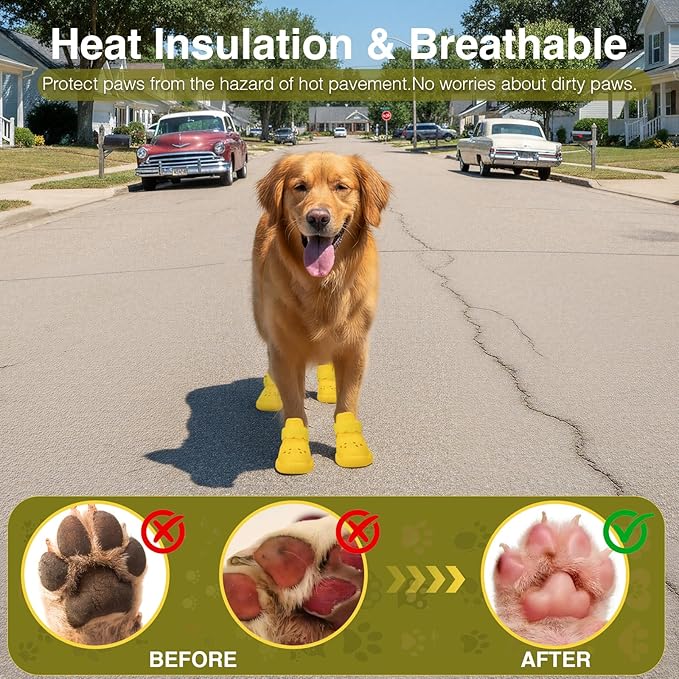 Dog Shoes for Hot Pavement and Snow – Waterproof, Non-Slip, Breathable Booties with Adjustable Straps for Small, Medium and Large Dogs (Yellow, L)