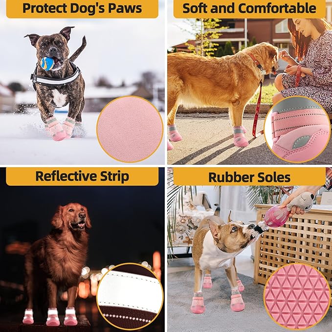 Dog Shoes for Large Dogs, Medium Dog Boots & Paw Protectors for Hardwood Floors, Outdoor Dog Booties for Hot Pavement Winter Snow Hiking, Waterproof Dog Shoes with Reflective Strips Size 4