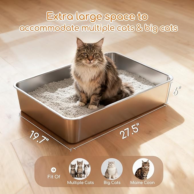 Soulbond Stainless Steel Litter Box, 27.5" L x 19.7" W x 6" H Extra Large Metal Litterbox for Big Cat and Multi-Cats Families, Non-Stick, Easy to Clean