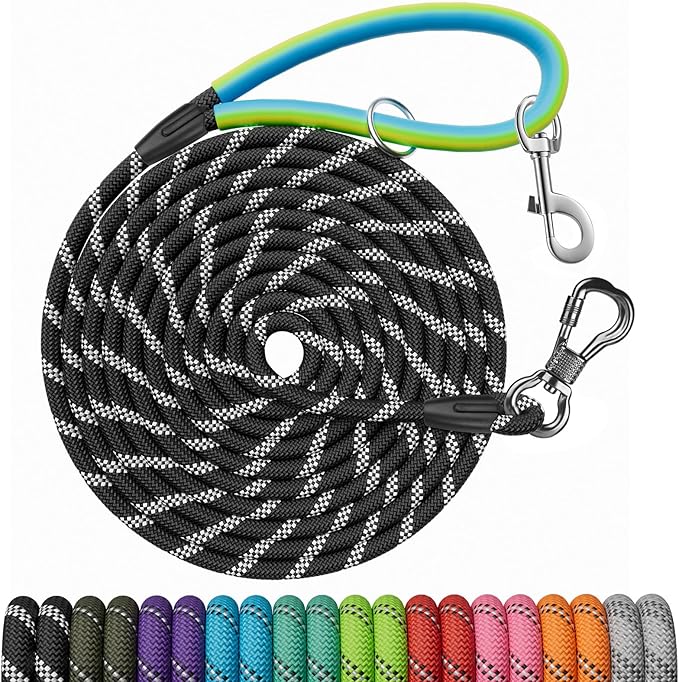 NTR Heavy Duty Dog Leash - 100FT Long Rope with 2 Swivel Hooks, Reflective Threads and Soft Handle for Walking, Hunting, Camping, Backyard - Suitable for Small, Medium and Large Dogs