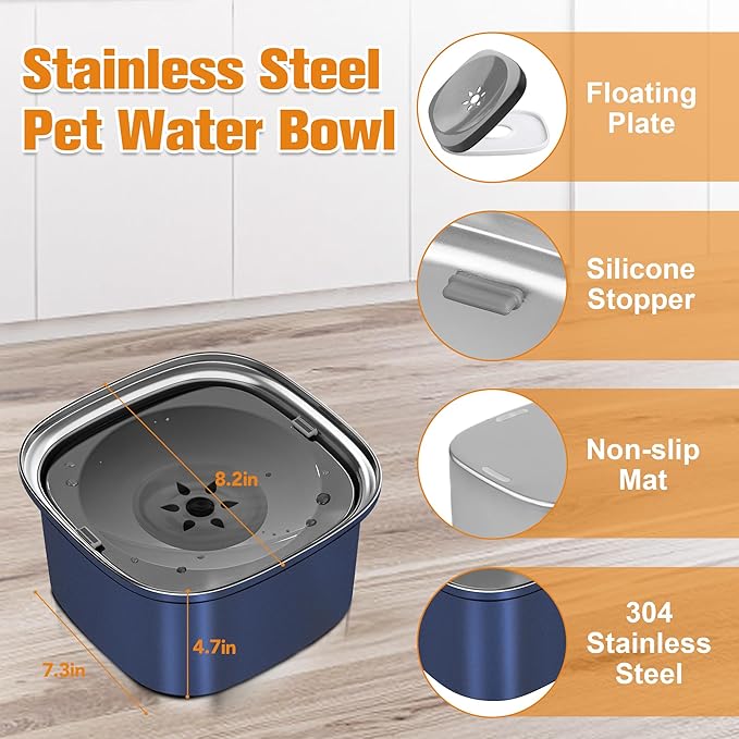 Decflow 3L Dog Water Bowl Stainless Steel Slow Drinking Dog Bowl with Lid, No Spill Water Bowl for Large Dogs Splash Proof Vehicle Carried Travel Pet Water Bowl Dispenser for Messy Drinkers, Deep Blue