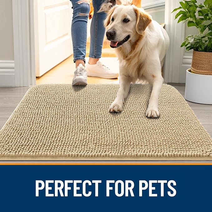 OLANLY Dog Door Mat for Muddy Paws 47x17, Absorbs Moisture and Dirt, Absorbent Non-Slip Washable Doormat, Quick Dry Chenille Mud Mat for Dogs, Entry Indoor Entryway Carpet for Inside Floor, Beige