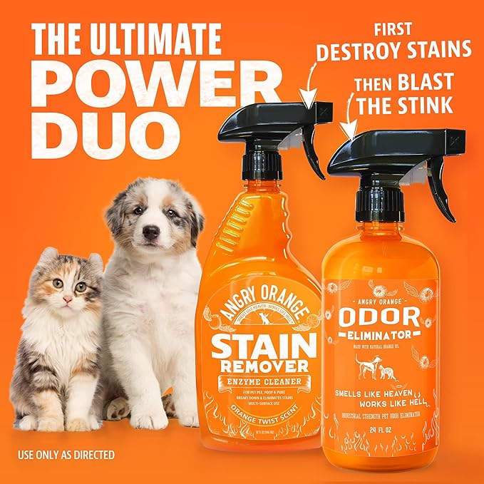 ANGRY ORANGE 2-Pack Pet Odor Eliminator for Strong Odor – 24oz Citrus Deodorizers for Dog or Cat Smells with 1-Gallon Refill