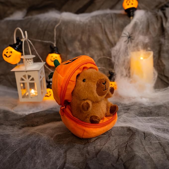 Plushland Halloween Zip-Up Pumpkin Stuffed Animal Plush Toys,Hideaway Spooky Black Cat Bat Ghost Capybara Plush Halloween Toy for Festive Decorations & Fun Surprises 6 Inches (Capybara)
