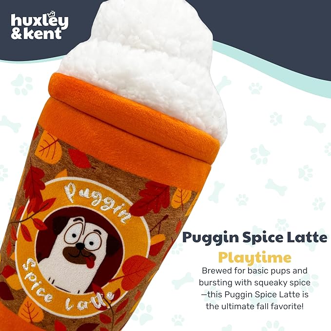 Huxley & Kent Funny Dog Toy w/Squeaker – Fall Power Plush Squeaky Dog Toys for Small, Medium & Large Dogs – Soft Stuffed Animal for Indoor Play & Fetch - Puggin Spice Latte, Small