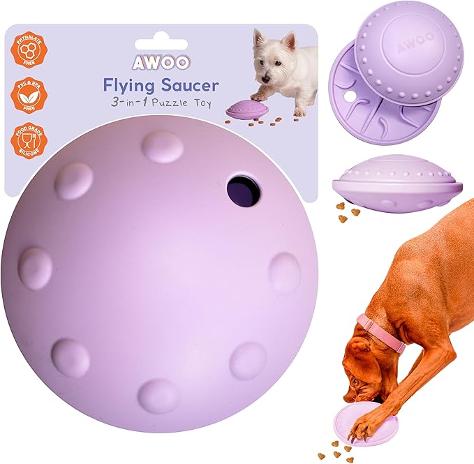 Awoo Flying Saucer Toy - 3-in-1 Silicone Dog Treat Puzzle, Lick Mat and Slow Feeder - for Wet and Dry Food - Dishwasher Safe Pet Toy - Enrichment Game for Dogs from 30 to 90 lbs - Large (Lavender)