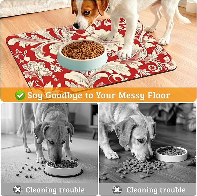 Red White Flower Feeding Mat,Paisley Absorbent Quick-Dry Cat Dog Food and Water Bowl Mats,Non-Slip Rubber Backing Mat,Cat Dog Accessories Supplies 16" x 24"