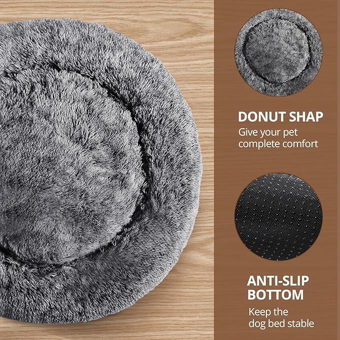 JOLLYVOGUE Calming Dog Bed Large Size Dog, Anti-Anxiety Donut Large Pet Bed, 36 inches Fluffy Faux Fur Round Cat Bed, Fits up to 75 lbs Pets (Smoke Black)