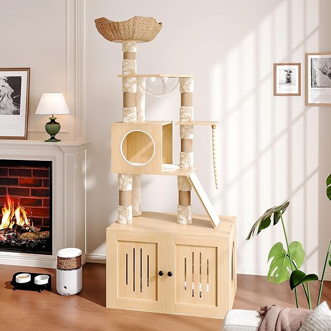 Cat Tree, 66.9-Inch Cat Tower with Litter Box Enclosure, Large Condo with Food Station, Storage, Scratching Posts, Hammock, Washable Cushions