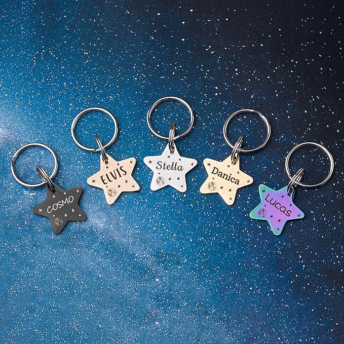 Anavia Small Size Dog Cat ID Tags, Small/XS Personalized Color Plated Stainless Steel Puppy Kitten Name Tags, Customized Engraved Nameplate Pet Collar Tag (Purple, Star)