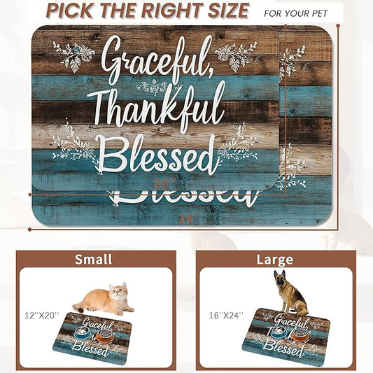 Thankful Grateful Blessed Dog Cat Food Mat,Vintage Wooden Absorbent Pet Feeding Mat for Food and Water, Non-Slip Dog Bowl Mats Floor Protector 12"x20"